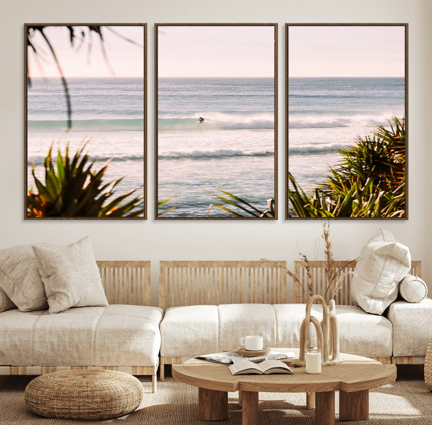 Canvas of a lone surfer riding a pastel wave at sunrise, perfect for tropical or coastal-themed spaces with a relaxed, airy vibe.