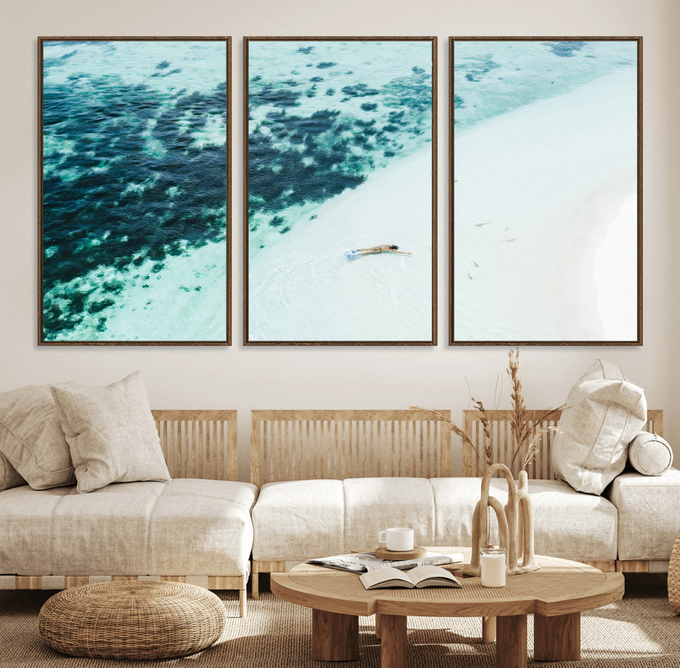 Canvas featuring an aerial view of a swimmer in shallow turquoise waters with coral patterns, ideal for tropical coastal home decor.