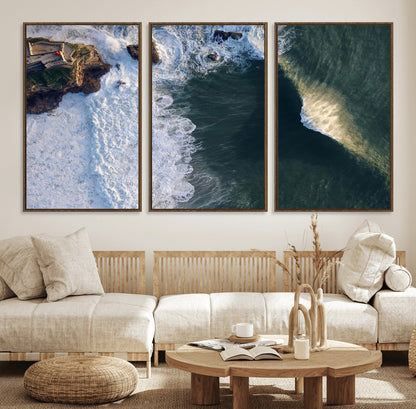 Canvas showing an aerial view of crashing waves along the Nazaré coastline, perfect for dramatic coastal or ocean-themed home decor.