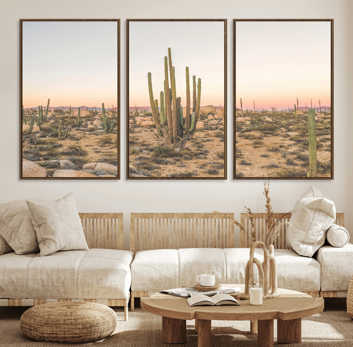 Canvas of tall desert cacti in warm sunset tones over a rocky Baja landscape, ideal for earthy or Southwestern-style home decor.