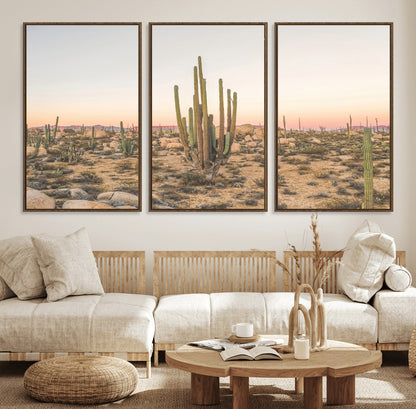 Canvas of tall desert cacti in warm sunset tones over a rocky Baja landscape, ideal for earthy or Southwestern-style home decor.