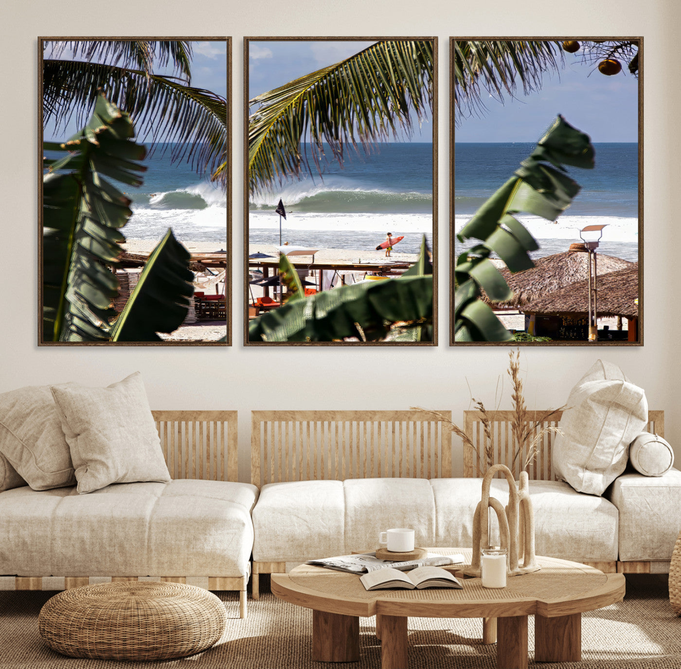 Canvas wall art of a tropical surf scene framed by palm trees, with a surfer on the shore and waves rolling in, ideal for beach-themed decor.