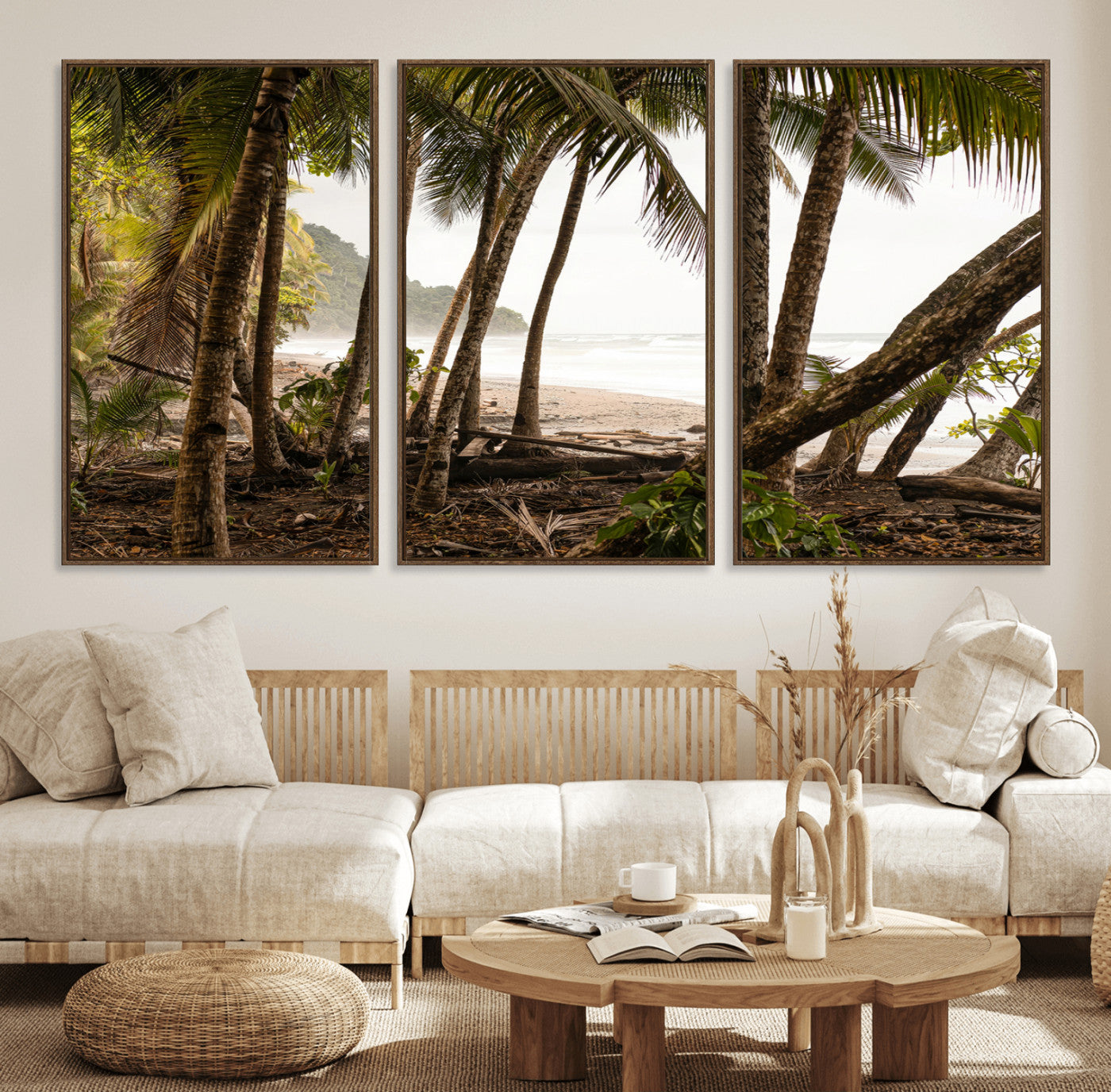 Dense tropical palm trees framing a sandy beach and ocean shore, ideal for jungle or coastal themed interior wall decor.