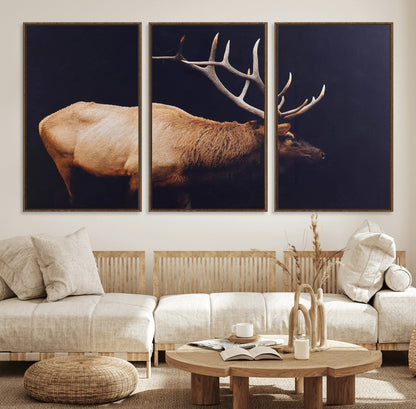 Side profile of an elk with large antlers on dark background, creating a bold rustic statement for cabin or Western-themed decor.