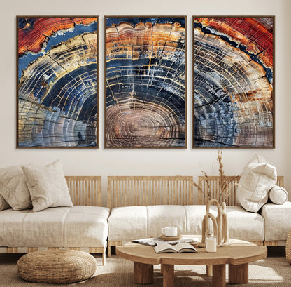 Vibrant tree ring with orange, brown, and blue tones in abstract detail, perfect for rustic or boho-inspired wall decor.