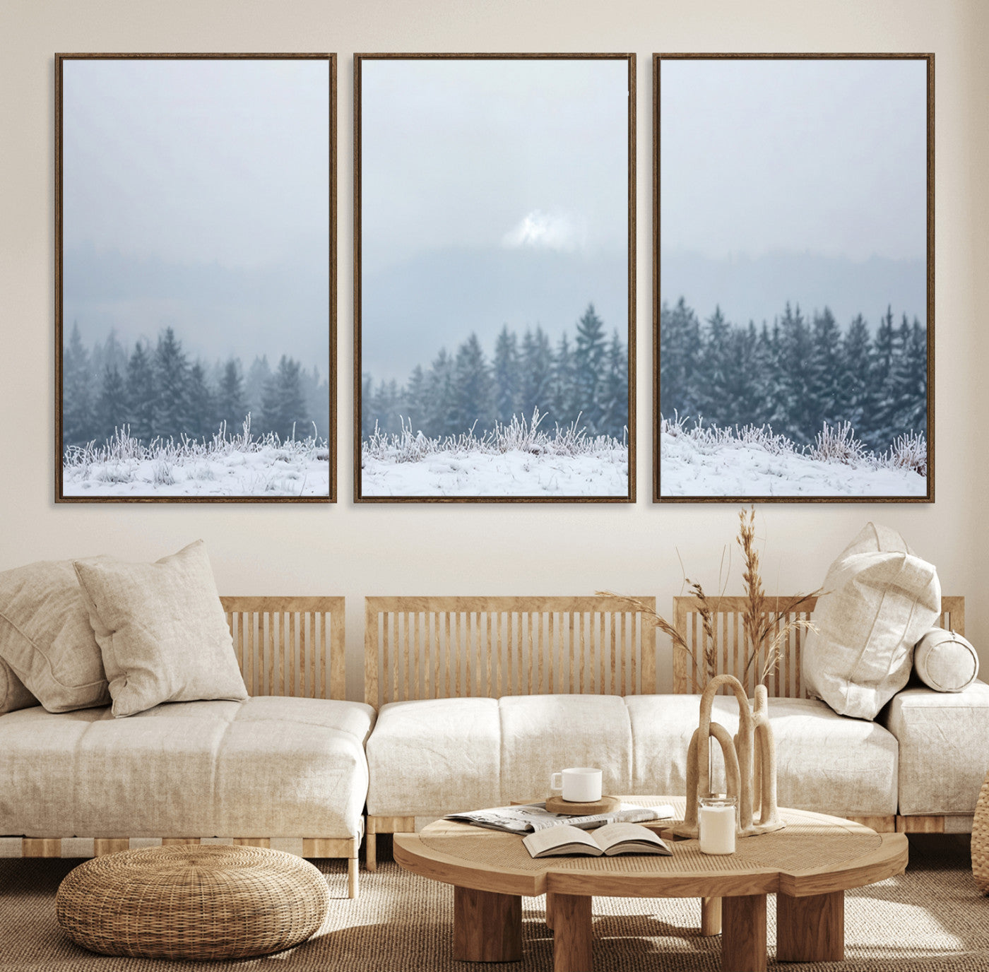 Snow-covered forest under misty sky, soft light breaking through clouds, ideal for minimalist or Nordic-inspired home decor.