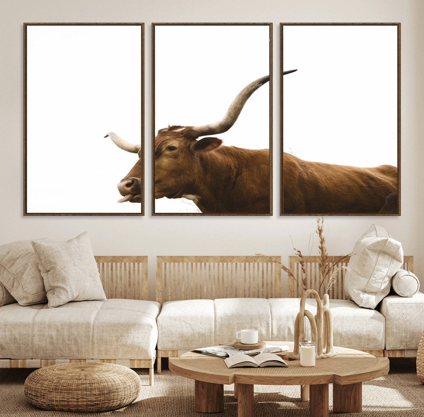 Minimal photo of a longhorn cow with white background, ideal for rustic, western or farmhouse-style interior decor.