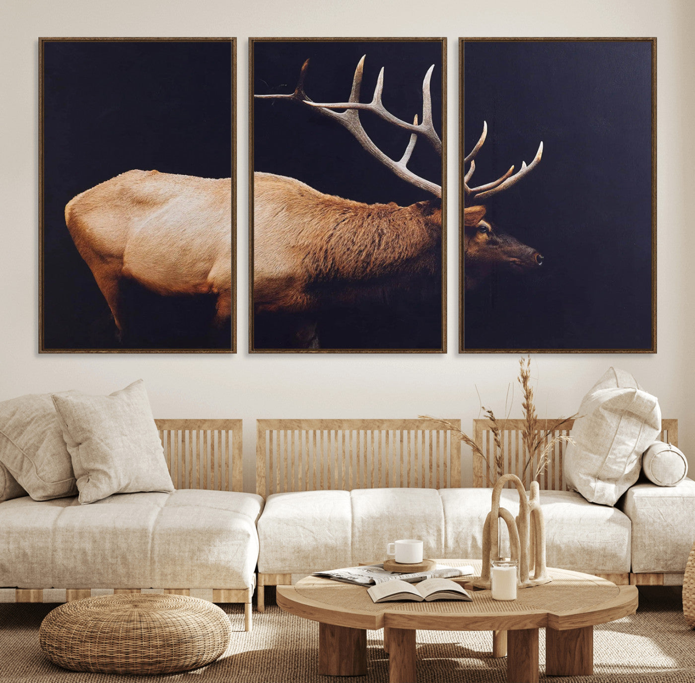Side view of a majestic elk with large antlers against dark background, perfect for rustic lodge or cabin style home decoration.