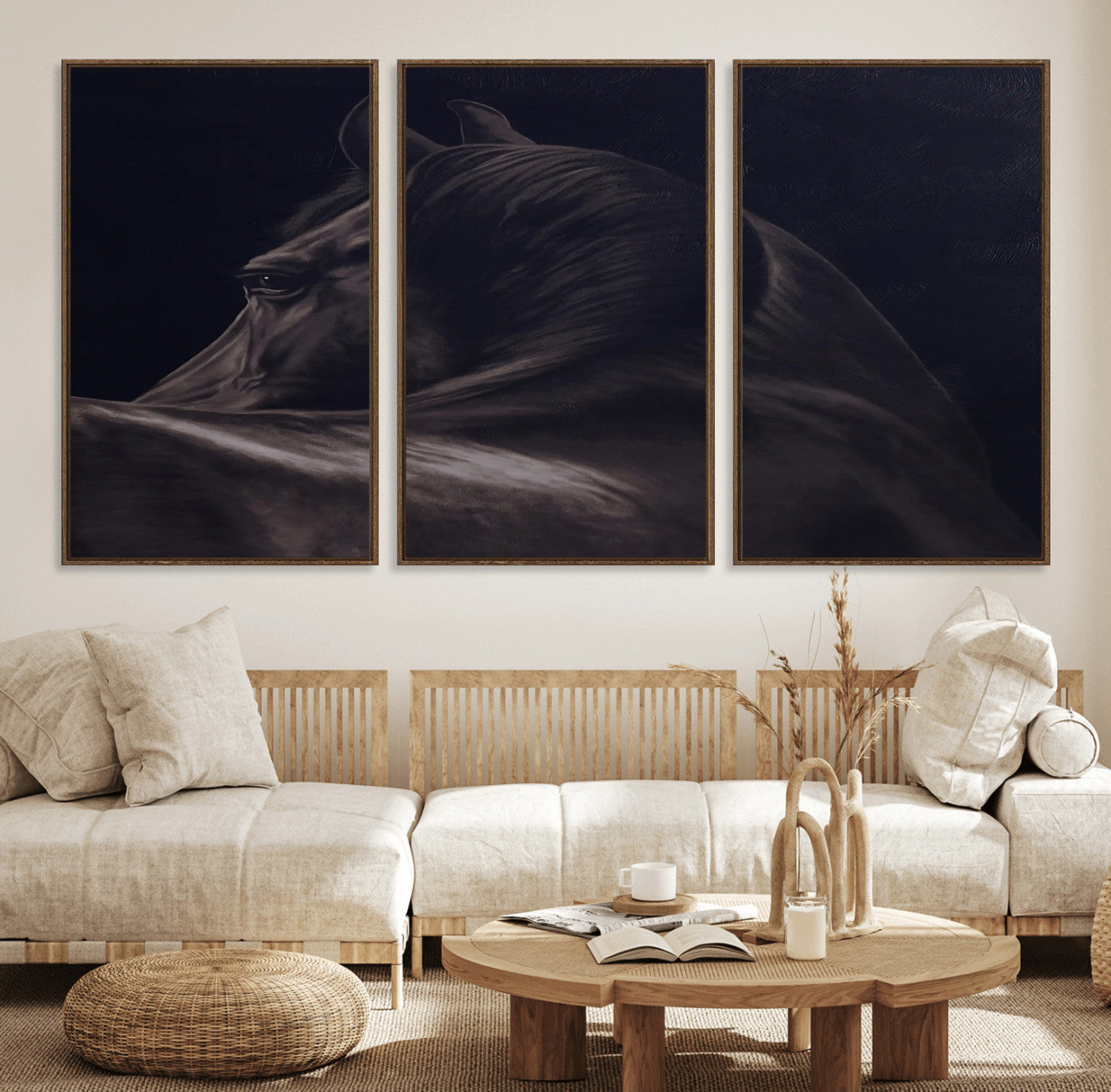 Close-up of a black horse with dramatic lighting on a dark background, perfect for rustic or masculine home decor.
