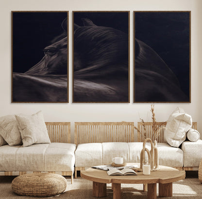 Close-up of a black horse with dramatic lighting on a dark background, perfect for rustic or masculine home decor.