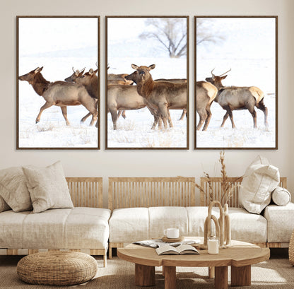 A group of elk standing on snowy terrain with a tree in the background, perfect for rustic or lodge-style winter wall decor.
