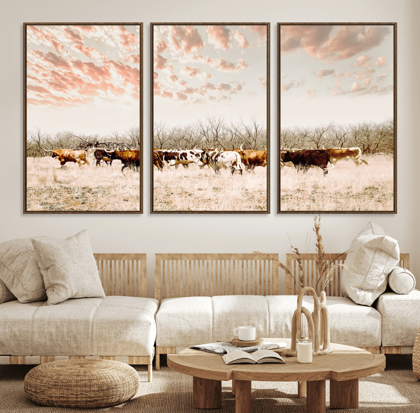 Cattle herd in a soft-toned field under a pastel pink sky, creating a peaceful rustic feel, perfect for farmhouse or western-themed spaces.