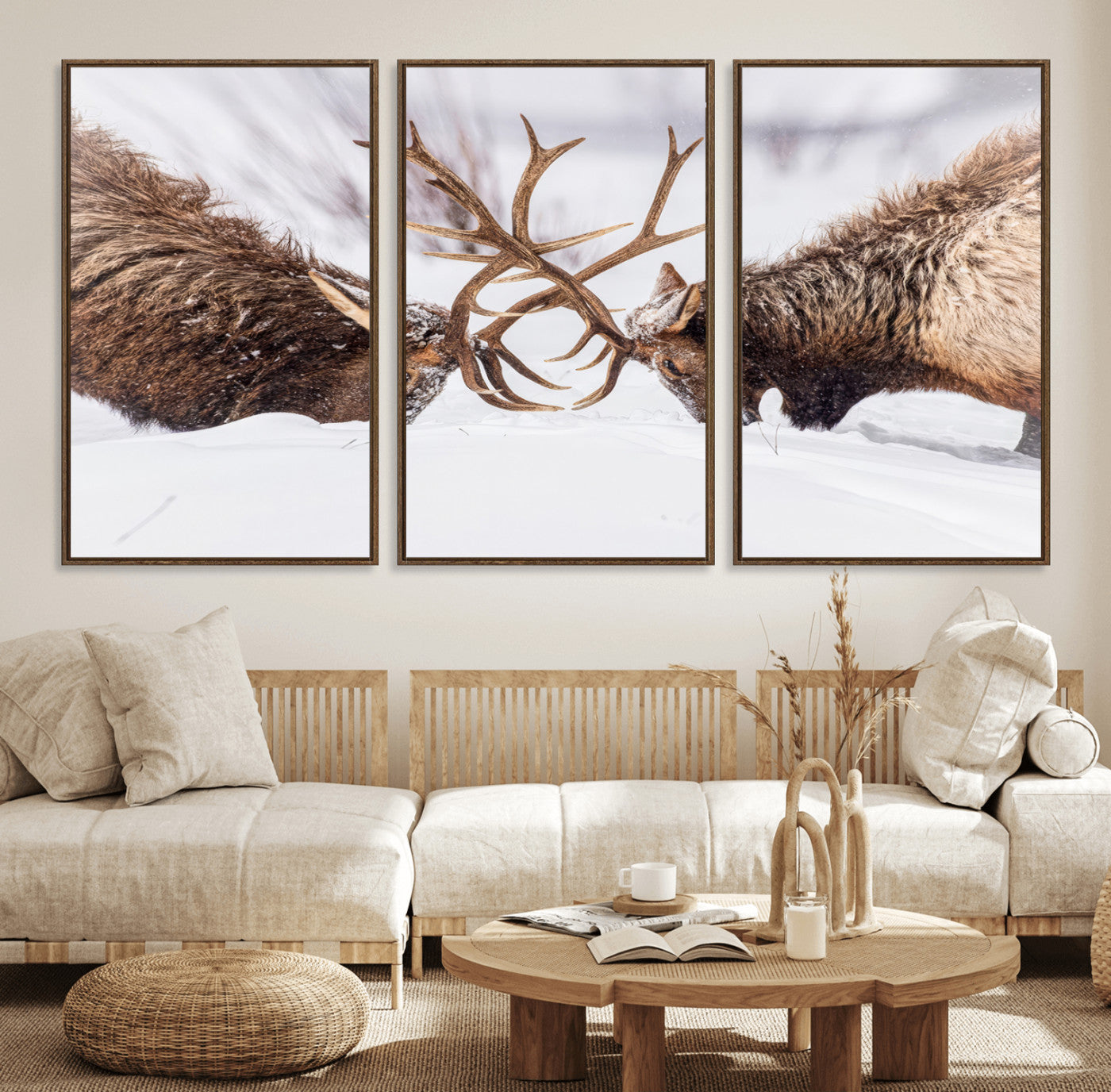 Two elk clashing antlers in a snowy forest, capturing raw power and wild energy, ideal for rustic cabin or lodge-style decor.