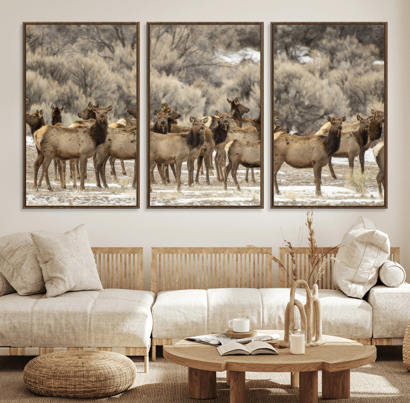A large herd of elk standing in an open field with soft earthy tones, ideal for rustic lodge or western-themed home wall decor.