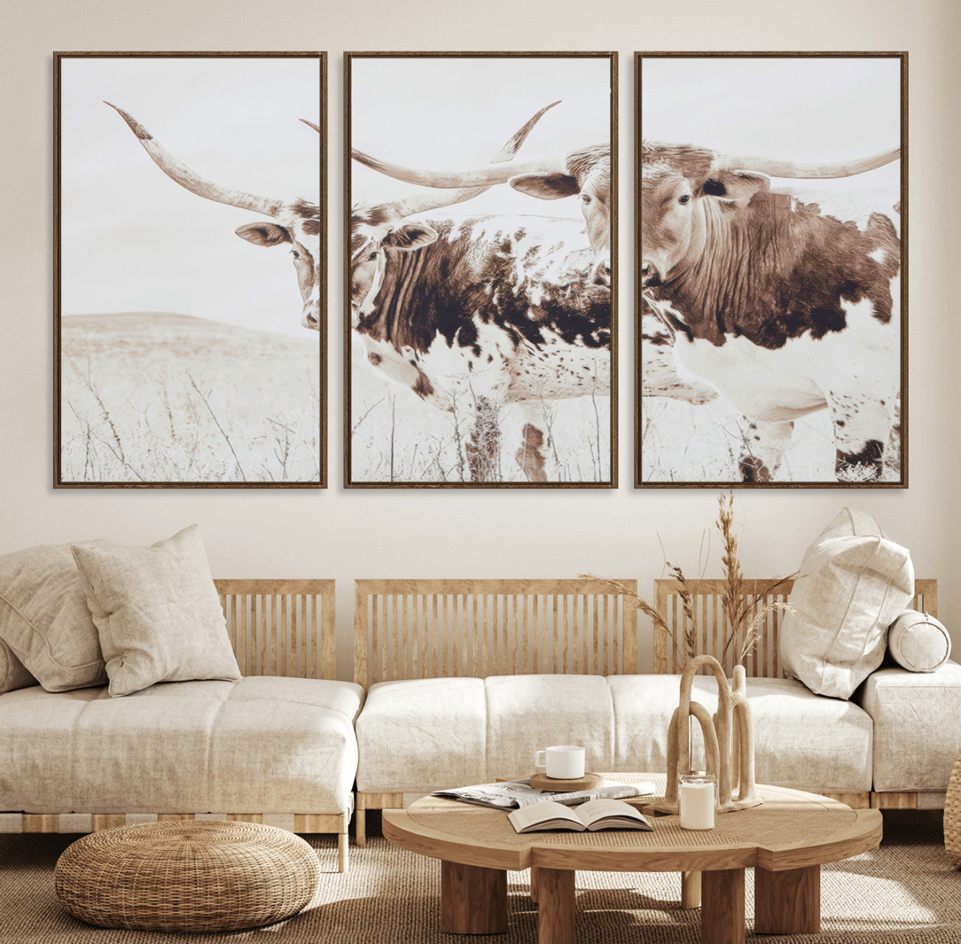 Two longhorn cows standing in a sepia-toned pasture with soft light, ideal for rustic or farmhouse-themed neutral wall decor.