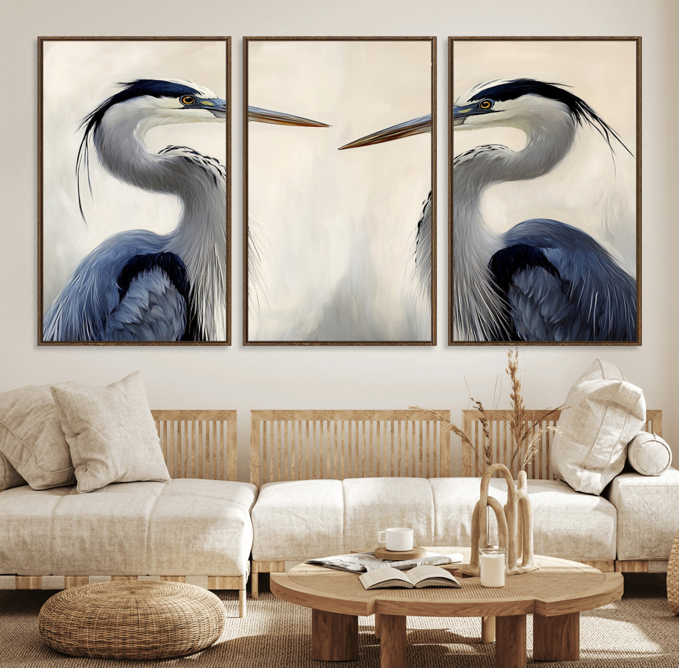Two blue herons facing each other on a soft neutral background, ideal for coastal, tranquil, or nature-inspired minimalist interiors.