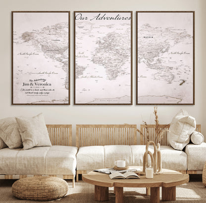 Customize Push Pin World Map Wall Canvas Print – Personalized Travel Map with Foam Pins – Framed Custom Quotie Canvas for Home Office Decor