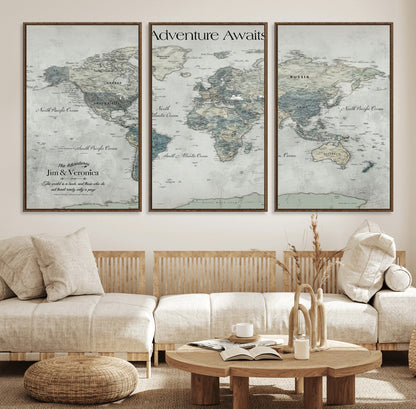 Customize Push Pin World Map Wall Canvas Print – Personalized Travel Tracker with Pins – Framed Custom Quotie Canvas for Home Office Decor