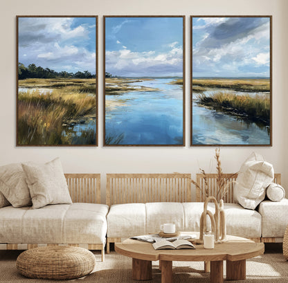 A beautiful, painterly landscape of a calm river winding through a marsh, with vibrant green grasses and a bright blue sky filled with fluffy clouds.