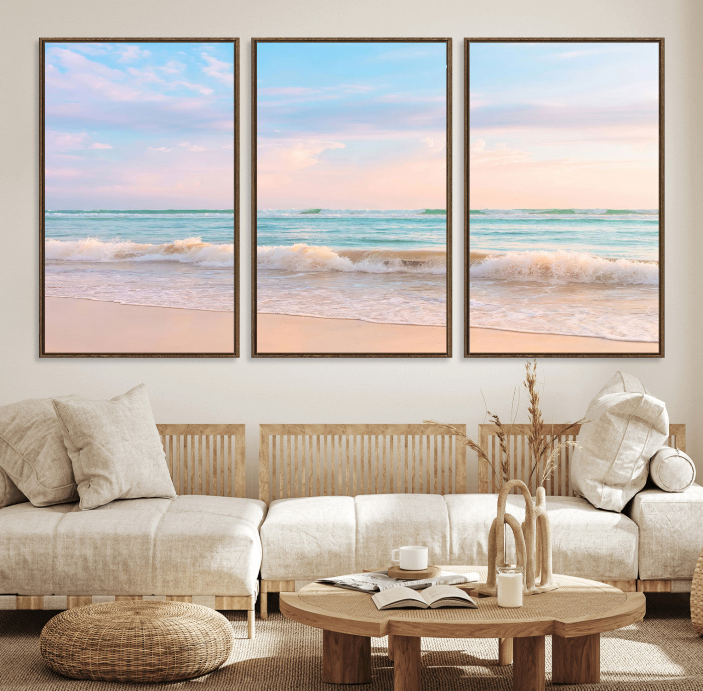 A peaceful beach scene with soft pastel skies, gentle waves washing up on the sandy shore, creating a calm and serene ocean view.