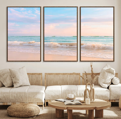 A peaceful beach scene with soft pastel skies, gentle waves washing up on the sandy shore, creating a calm and serene ocean view.