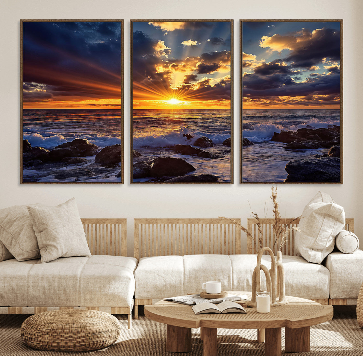 An explosive sunset over the ocean with dramatic clouds and rays of sunlight reflecting off the water, creating a vibrant and captivating view.