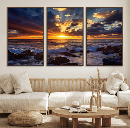 An explosive sunset over the ocean with dramatic clouds and rays of sunlight reflecting off the water, creating a vibrant and captivating view.