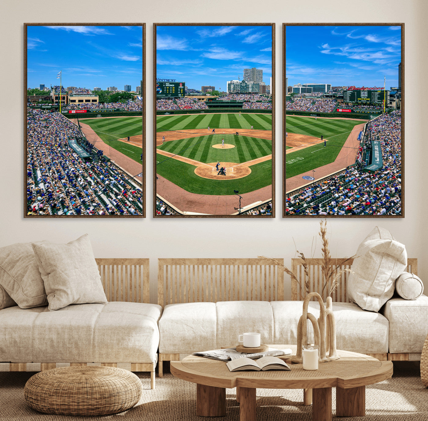 Wrigley Field Baseball Stadium Canvas Wall Art, Packed Crowd Sports Stadium Print, City Skyline Baseball Field Canvas for Game Room Decor