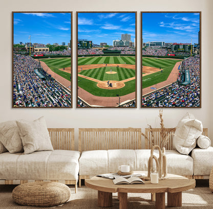 Wrigley Field Baseball Stadium Canvas Wall Art, Packed Crowd Sports Stadium Print, City Skyline Baseball Field Canvas for Game Room Decor