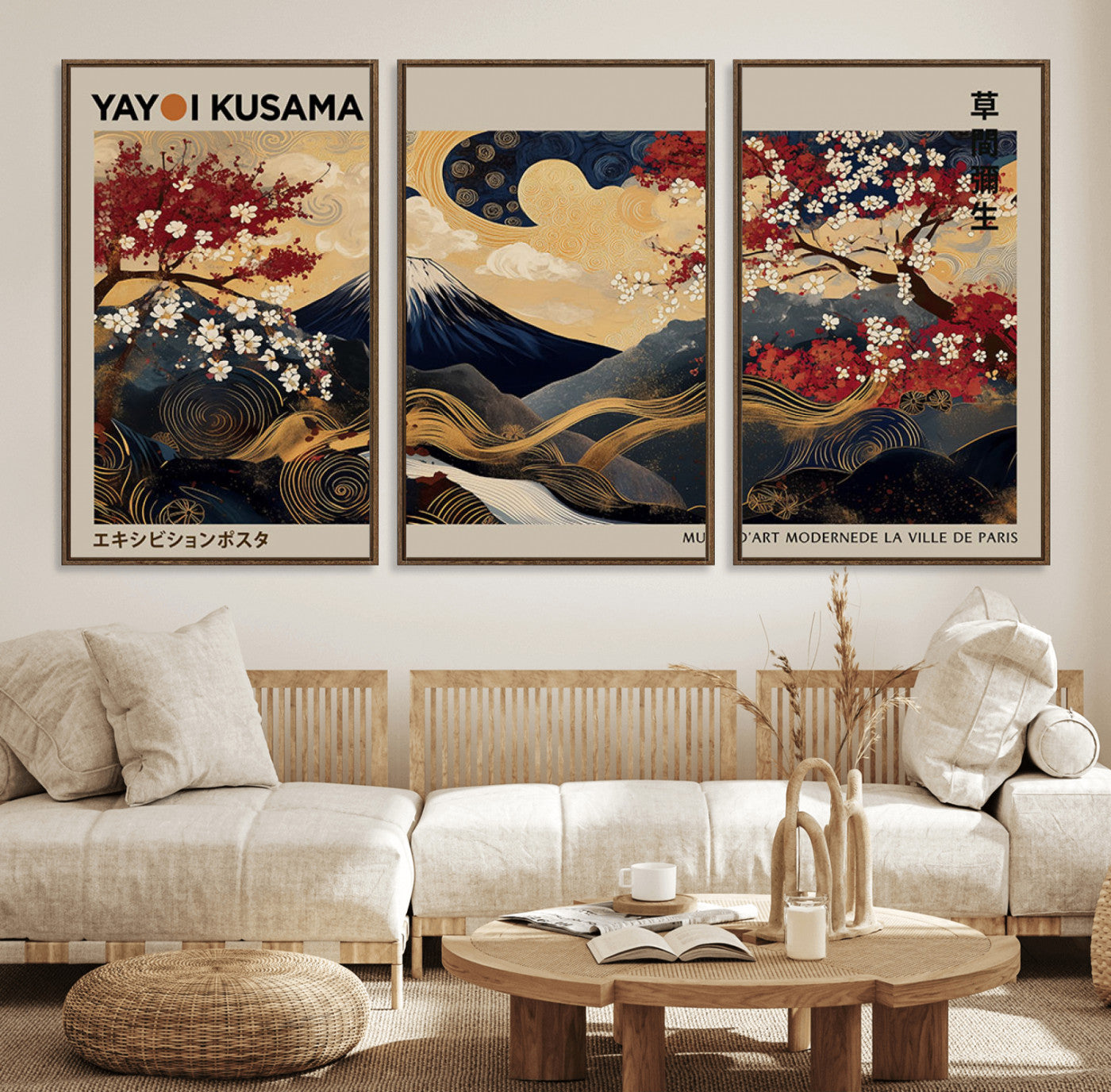 Yayoi Kusama's artwork featuring Mount Fuji, blooming cherry trees, and intricate swirls, blending traditional Japanese elements with vibrant color.