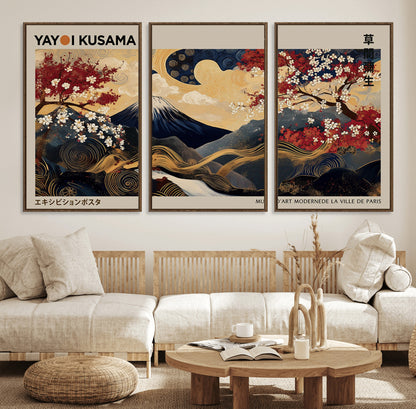 Yayoi Kusama's artwork featuring Mount Fuji, blooming cherry trees, and intricate swirls, blending traditional Japanese elements with vibrant color.