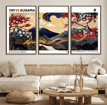 An artwork by Yayoi Kusama featuring Mount Fuji, blooming cherry blossoms, and swirling patterns in a harmonious blend of nature and art.
