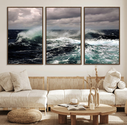 Powerful ocean waves crashing under stormy skies, creating a dynamic and intense seascape.