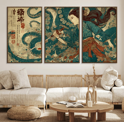 Tsukioka Yoshitoshi Samurai Wall Art Print, Japanese Katana Warrior Canvas Wall Art, Octopus Sea Monster Canvas Print,