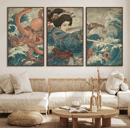 Tsukioka Yoshitoshi Samurai Wall Art Print, Japanese Katana Warrior Canvas Wall Art, Octopus Sea Monster Canvas Print,