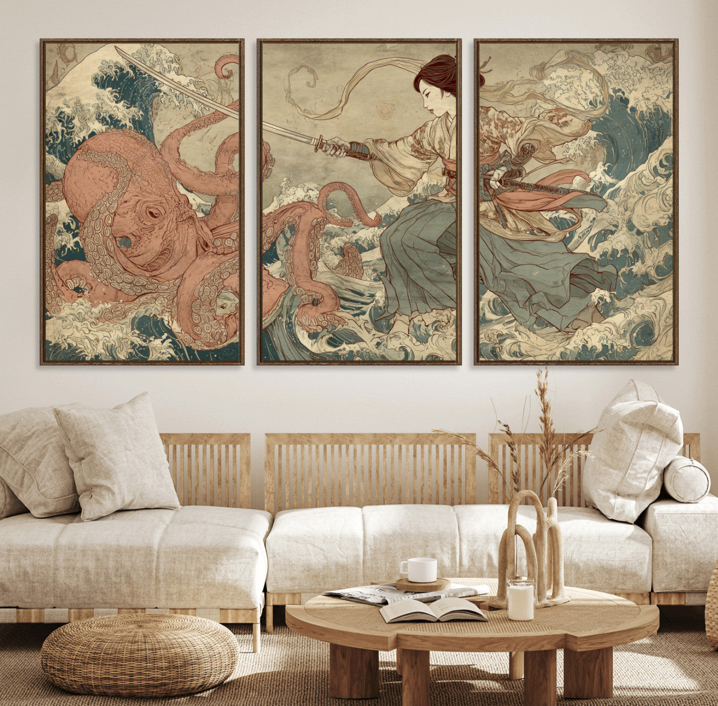 Tsukioka Yoshitoshi Samurai Wall Art Print, Japanese Katana Warrior Canvas Wall Art, Octopus Sea Monster Canvas Print,