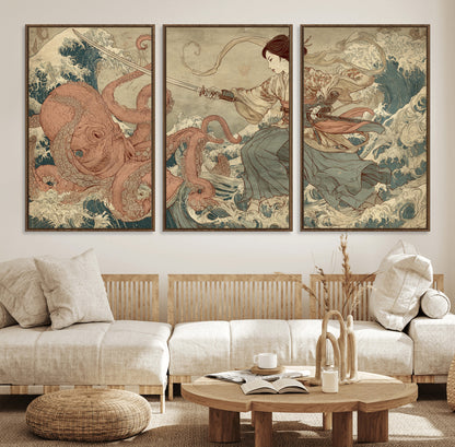 Tsukioka Yoshitoshi Samurai Wall Art Print, Japanese Katana Warrior Canvas Wall Art, Octopus Sea Monster Canvas Print,