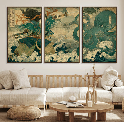 Tsukioka Yoshitoshi Samurai Wall Art Print, Japanese Katana Warrior Canvas Wall Art, Octopus Sea Monster Canvas Print,