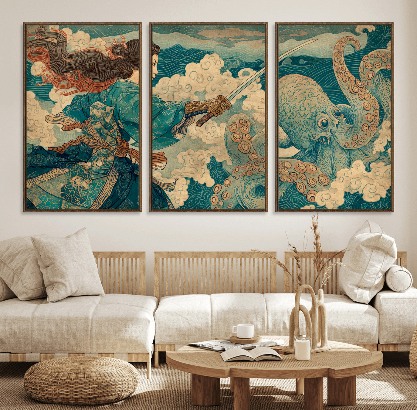 Tsukioka Yoshitoshi Samurai Wall Art Print, Japanese Katana Warrior Canvas Wall Art, Octopus Sea Monster Canvas Print,