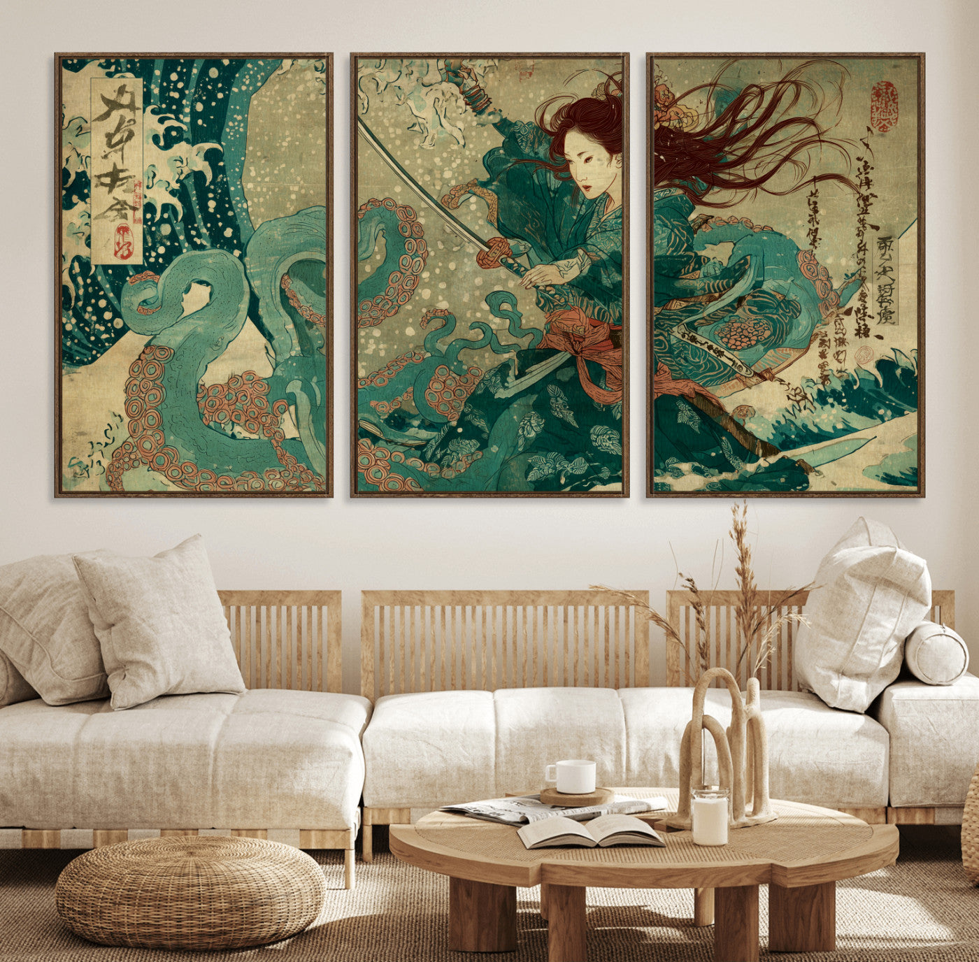 Tsukioka Yoshitoshi Samurai Wall Art Print, Japanese Katana Warrior Canvas Wall Art, Octopus Sea Monster Canvas Print,