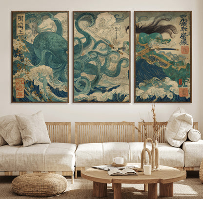 Tsukioka Yoshitoshi Samurai Wall Art Print, Japanese Katana Warrior Canvas Wall Art, Octopus Sea Monster Canvas Print,