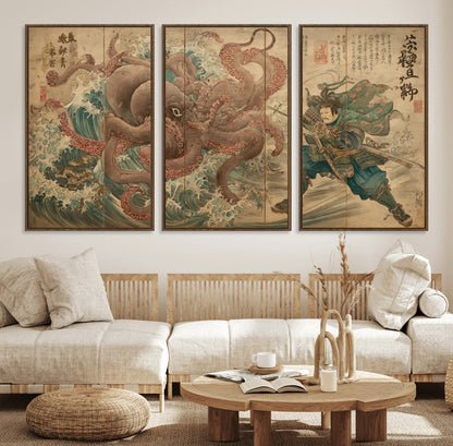 Tsukioka Yoshitoshi Samurai Wall Art Print, Japanese Katana Warrior Canvas Wall Art, Octopus Sea Monster Canvas Print,