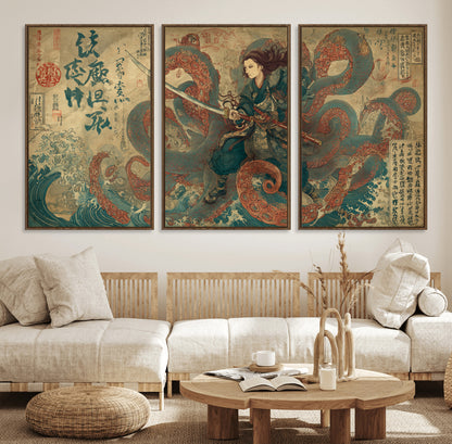 Tsukioka Yoshitoshi Samurai Wall Art Print, Japanese Katana Warrior Canvas Wall Art, Octopus Sea Monster Canvas Print,