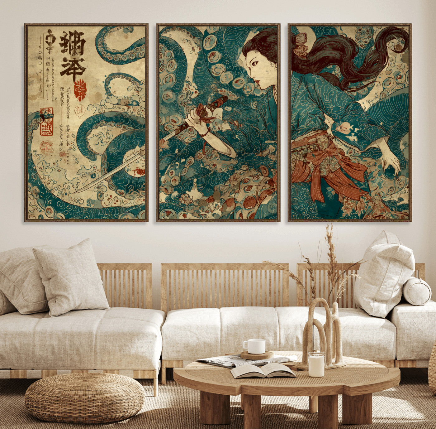 Tsukioka Yoshitoshi Samurai Wall Art Print, Japanese Katana Warrior Canvas Wall Art, Octopus Sea Monster Canvas Print,