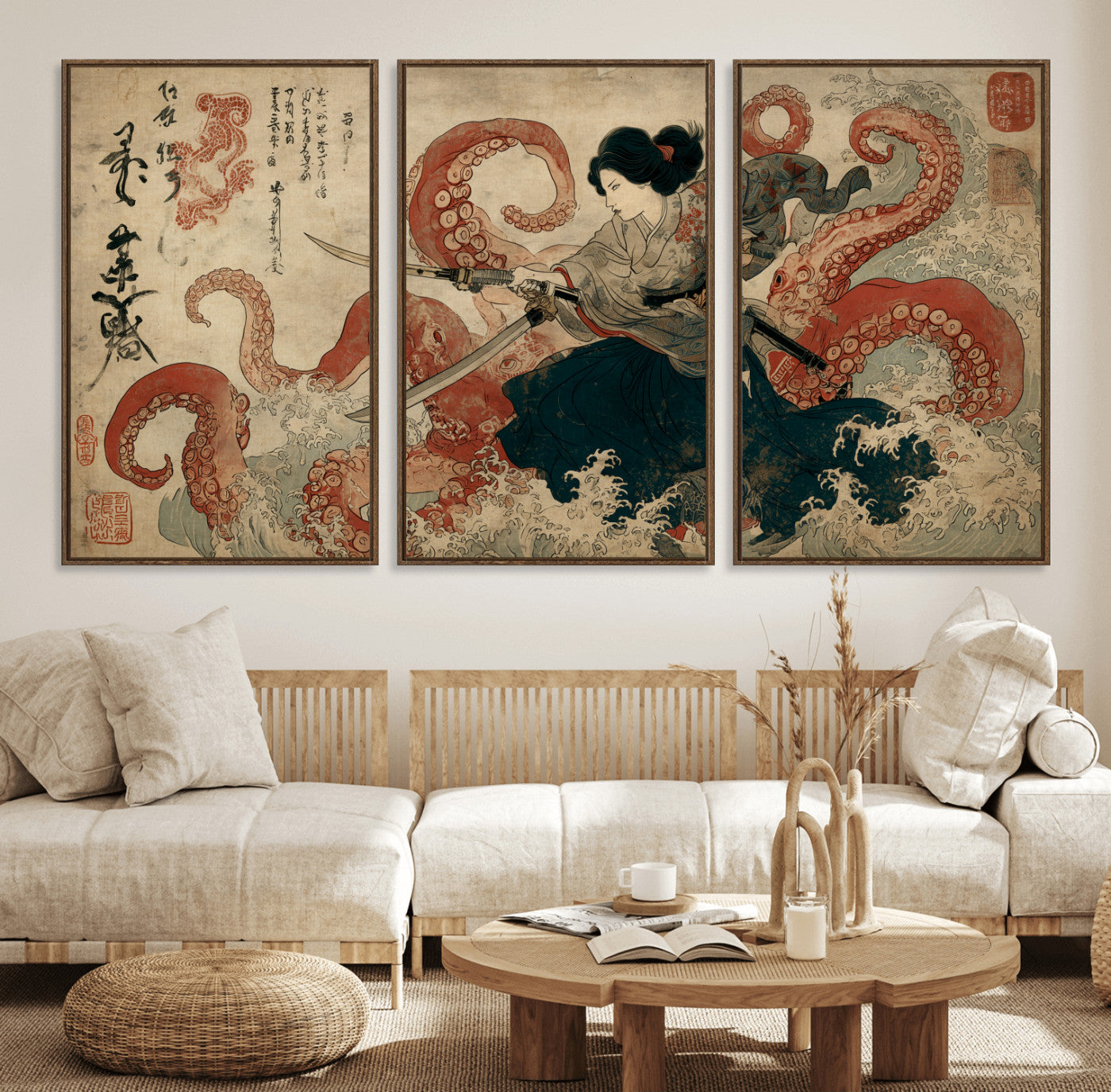 Tsukioka Yoshitoshi Samurai Wall Art Print, Japanese Katana Warrior Canvas Wall Art, Octopus Sea Monster Canvas Print,