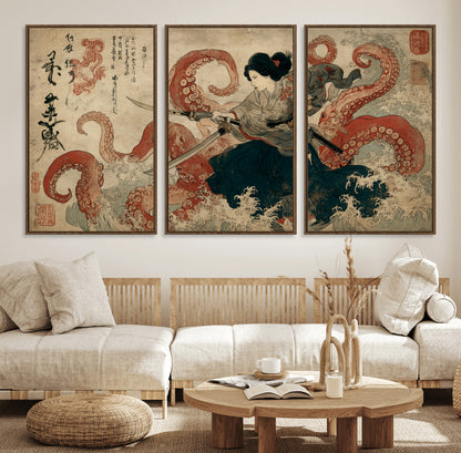 Tsukioka Yoshitoshi Samurai Wall Art Print, Japanese Katana Warrior Canvas Wall Art, Octopus Sea Monster Canvas Print,