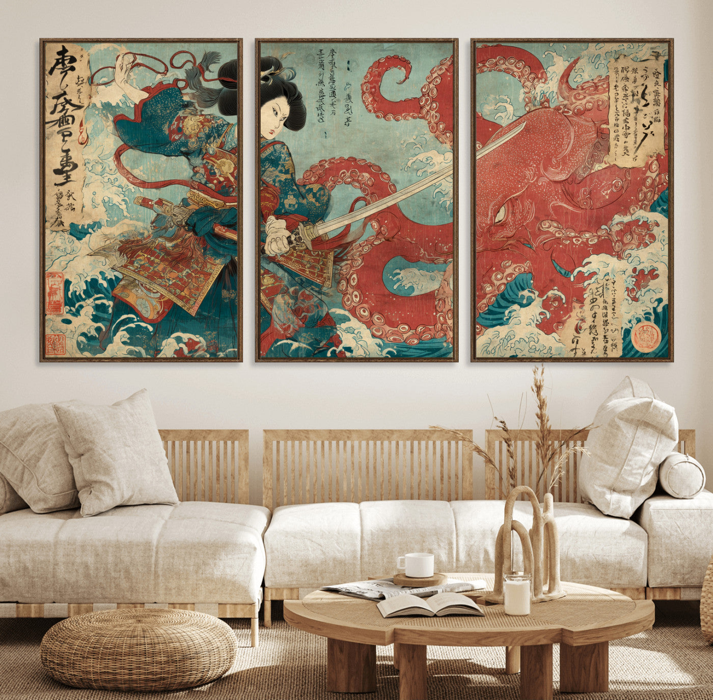 Tsukioka Yoshitoshi Samurai Wall Art Print, Japanese Katana Warrior Canvas Wall Art, Octopus Sea Monster Canvas Print,