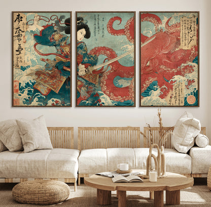 Tsukioka Yoshitoshi Samurai Wall Art Print, Japanese Katana Warrior Canvas Wall Art, Octopus Sea Monster Canvas Print,