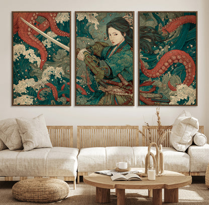 Tsukioka Yoshitoshi Samurai Wall Art Print, Japanese Katana Warrior Canvas Wall Art, Octopus Sea Monster Canvas Print,