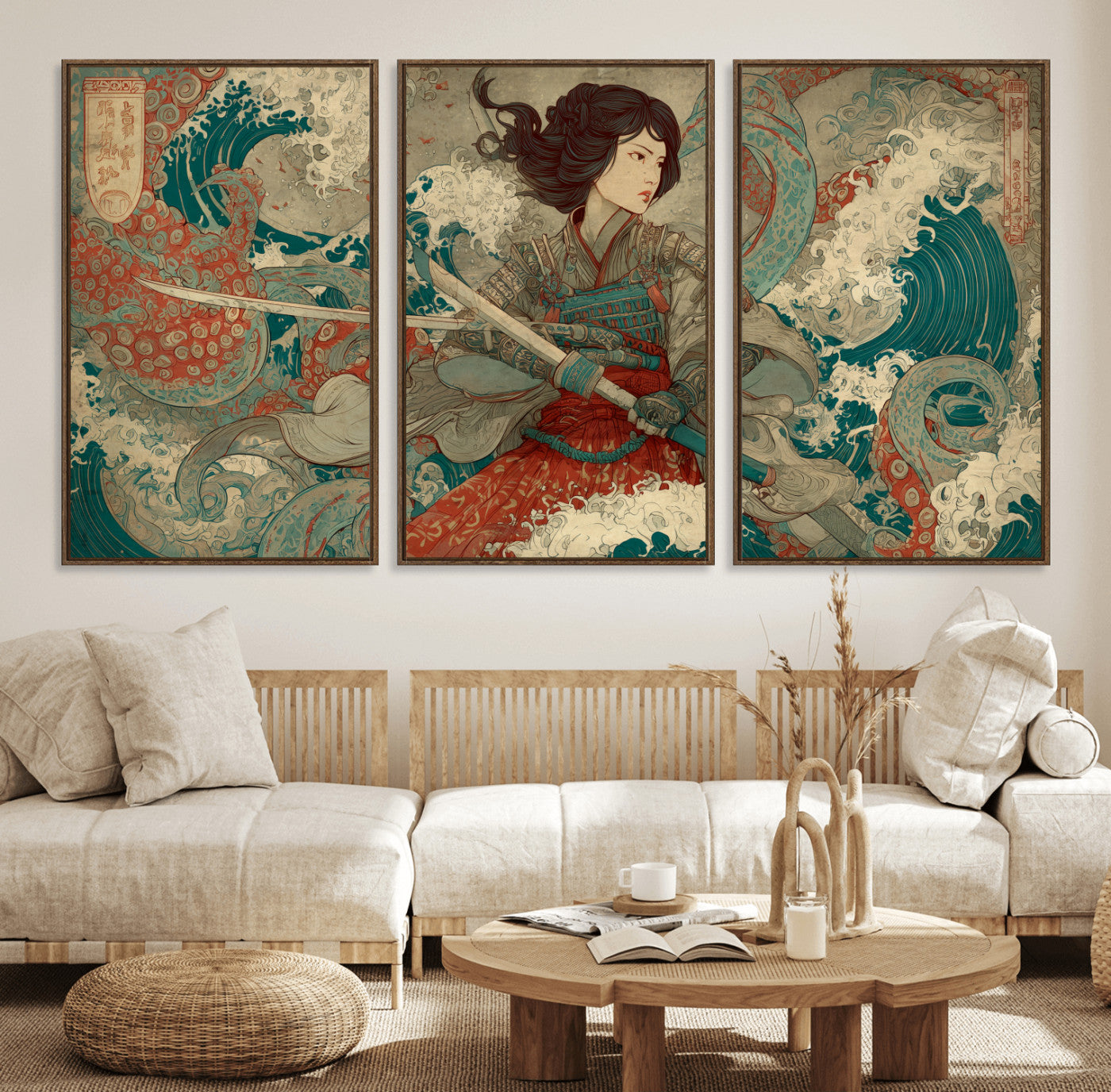 Tsukioka Yoshitoshi Samurai Wall Art Print, Japanese Katana Warrior Canvas Wall Art, Octopus Sea Monster Canvas Print,